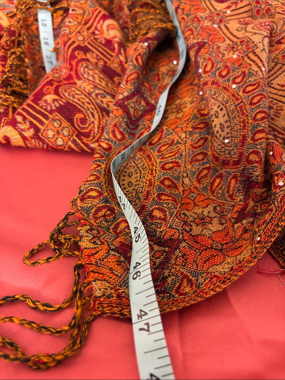 47” X 90” Silver Sparkle Embellished Mustard and Rust Paisley Wrap or Tablecloth - Picture 6 of 9